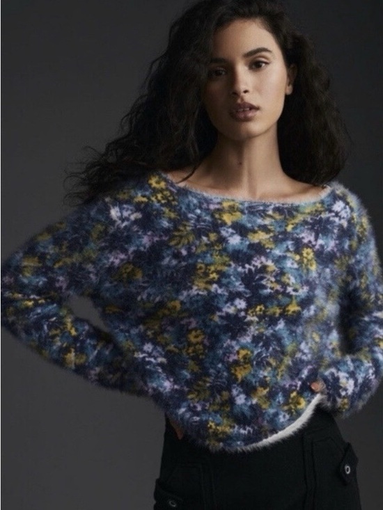 Pilcro Sweaters - Pilcro Off-the-Shoulder Fuzzy Floral Sweater - Blue Multi. Size M